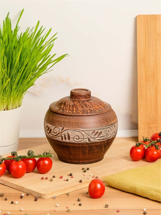 69-330/1 Горшок для жаркого №2 (Орнамент) 0,7 л. ; высота - 14см, ширина - 13см, длина - 13см .69-330/1