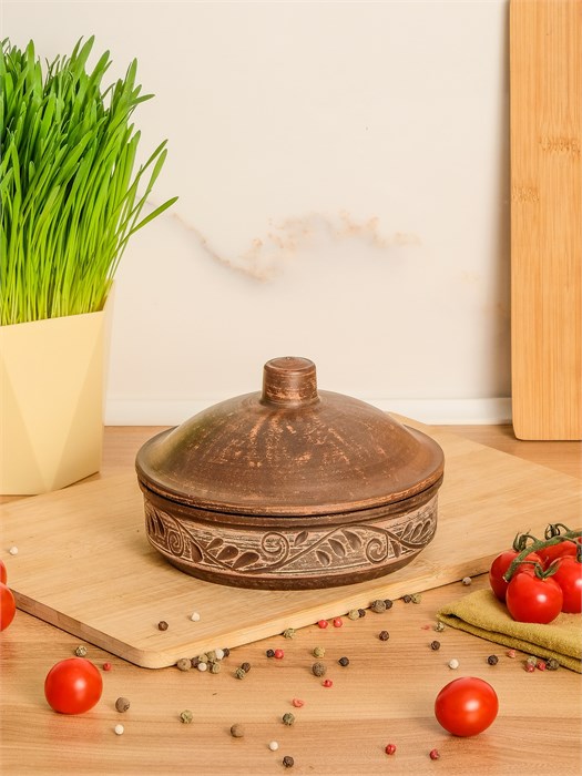 69-359  Жаровня с крышкой (Орнамент) 0,45 л. ; высота -9,5см, ширина - 15см, длина - 15см .69-359